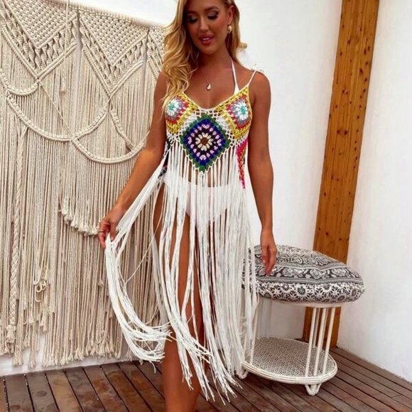 Shein Swim Other - Cover Up Crochet Multi Color With Long Fringe Boho Beach Pool New